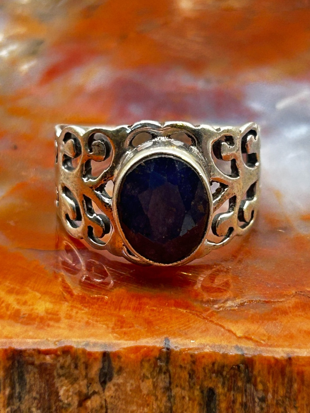 Sterling Silver Ring with Faceted Sapphire Stone - Size 7.5